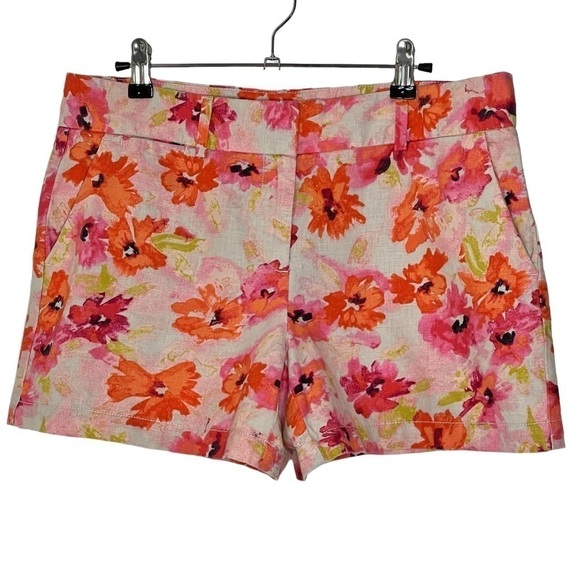 ANN TAYLOR LOFT Linen Blend Floral Orange Pink Green Women's Shorts Size 6 - Picture 3 of 16